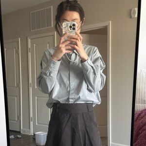 Light Gray Long Sleeve Button Shirt with Pearl Collar Accent